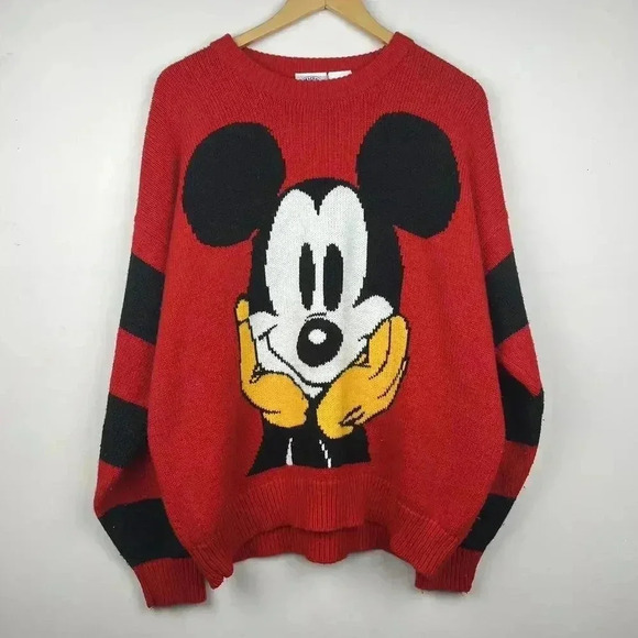 90s Cozy Mickey Mouse Vintage Sweater - Red Striped Knit - Picture 1 of 3